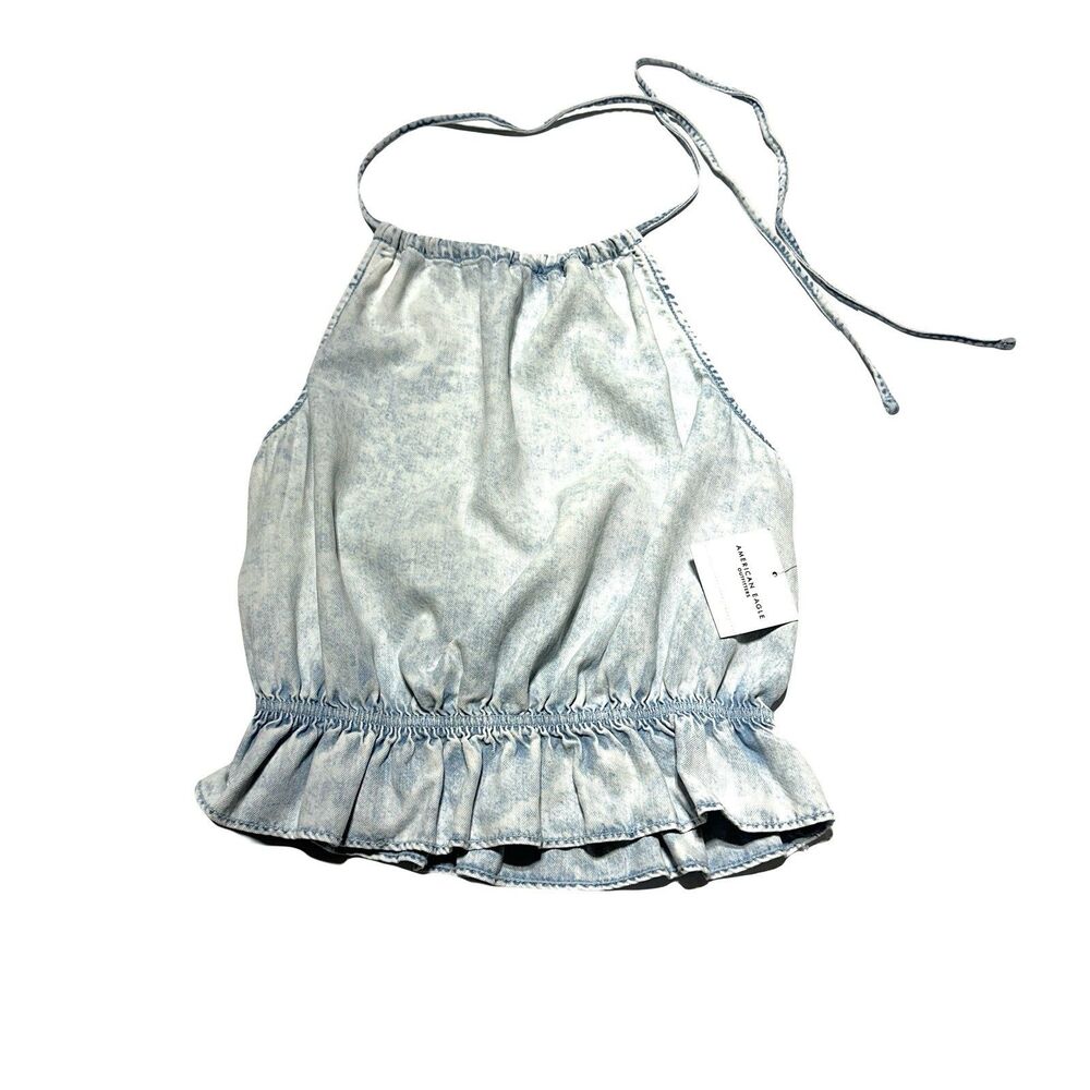 AMERICAN EAGLE Denim Chambray Halter Top High Neck Ruffle Peplum Tank Size M NWT